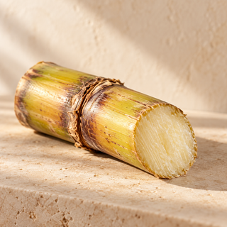 a short sugar cane stalk cut to reveal its pale interior