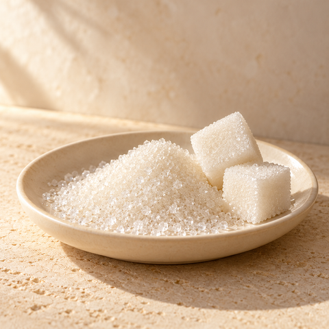 white sugar crystals and two sugar cubes on an ivory dish