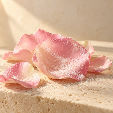 pale pink rose petals lightly dusted with fine sugar crystals