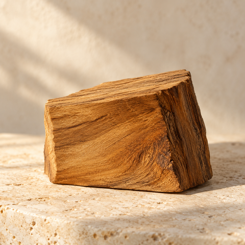 a small golden-brown teak wood block with visible grain