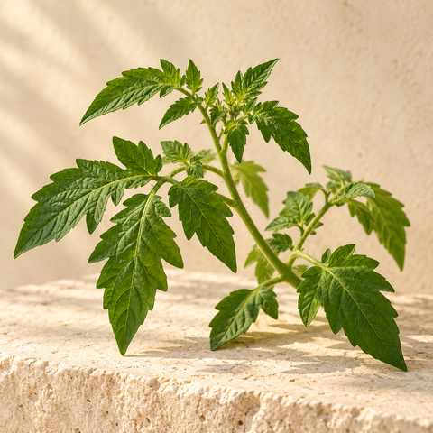 a fresh tomato plant stem with serrated leaves, no fruit