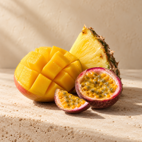 a small arrangement of mango, pineapple and passionfruit pieces