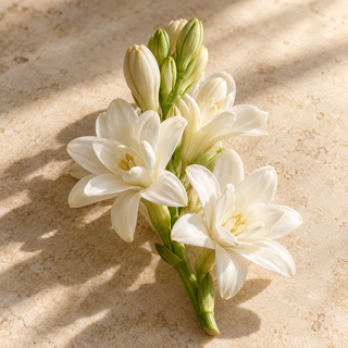 a short stem of creamy white tuberose blossoms