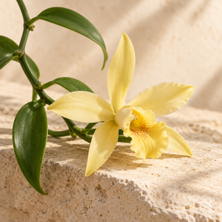 one pale yellow vanilla orchid flower on a green vine, no pods