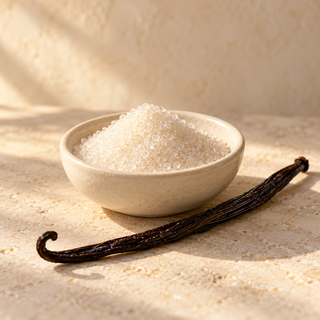 white sugar crystals in an ivory dish beside one vanilla pod