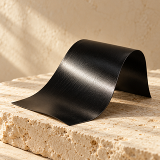 a small curved sheet of smooth black vinyl catching a soft highlight, no record or text