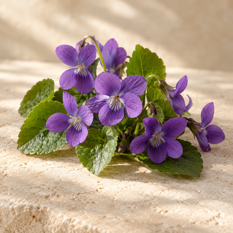 a cluster of delicate purple sweet violet flowers and green leaves