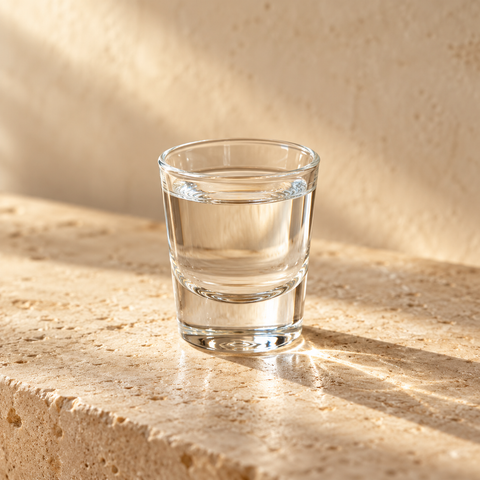 a small unbranded clear glass containing a clear spirit