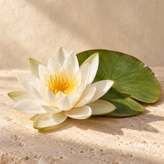 a white water lily blossom resting beside a rounded lily pad