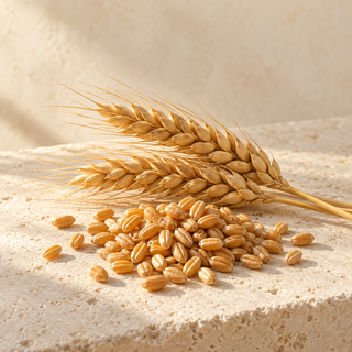 wheat grains beside two wheat ears
