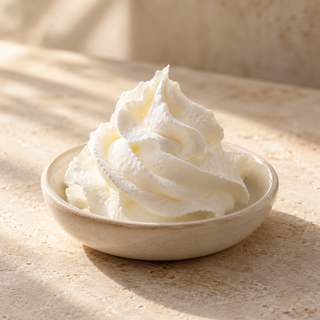 a small swirl of white whipped cream in a shallow ivory ceramic dish
