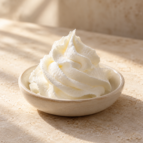 a small swirl of white whipped cream in a shallow ivory ceramic dish