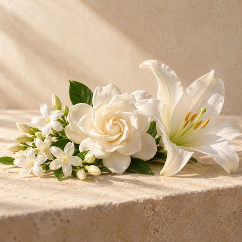 a small arrangement of white jasmine, gardenia and lily blossoms