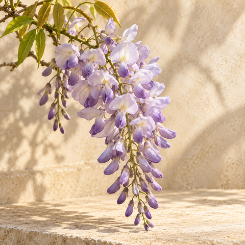 a hanging cluster of pale lavender wisteria flowers