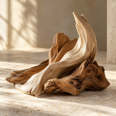 a sculptural arrangement of pale and warm brown smooth wood pieces