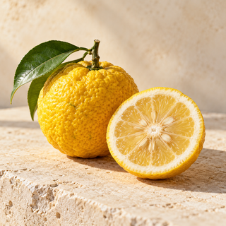 a textured yellow yuzu fruit and a cut half