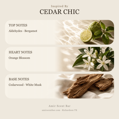 Inspired by CEDAR CHIC: top, heart and base fragrance notes. Amir Scent Bar.