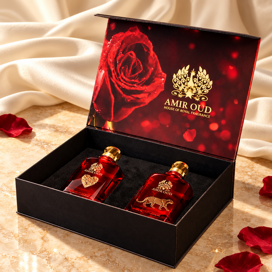 Luxury Duo gift set with two red perfume bottles in its rose-decorated keepsake box