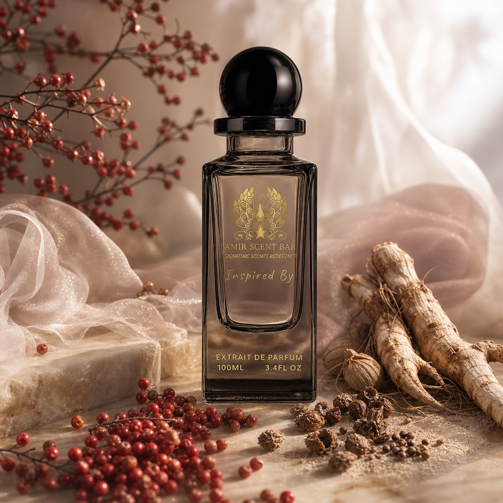 YOU inspired fragrance by Amir Scent Bar, with pink pepper, iris root and ambrette in a softly lit layered setting.