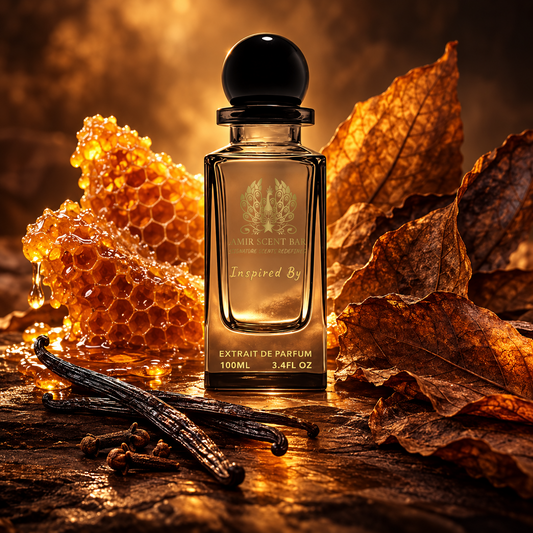 Tobacco Honey by Amir Scent Bar, with the official gold logo, honeycomb, tobacco leaves, vanilla and cloves