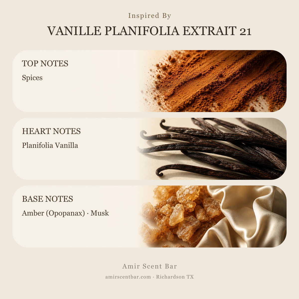 Inspired by VANILLE PLANIFOLIA EXTRAIT 21: top, heart and base fragrance notes. Amir Scent Bar.