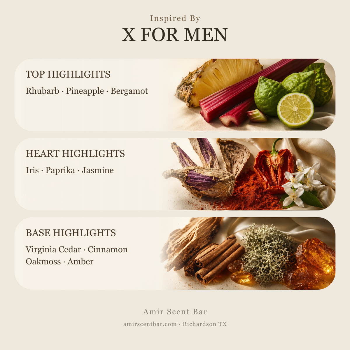 X FOR MEN fragrance note highlights — Amir Scent Bar.