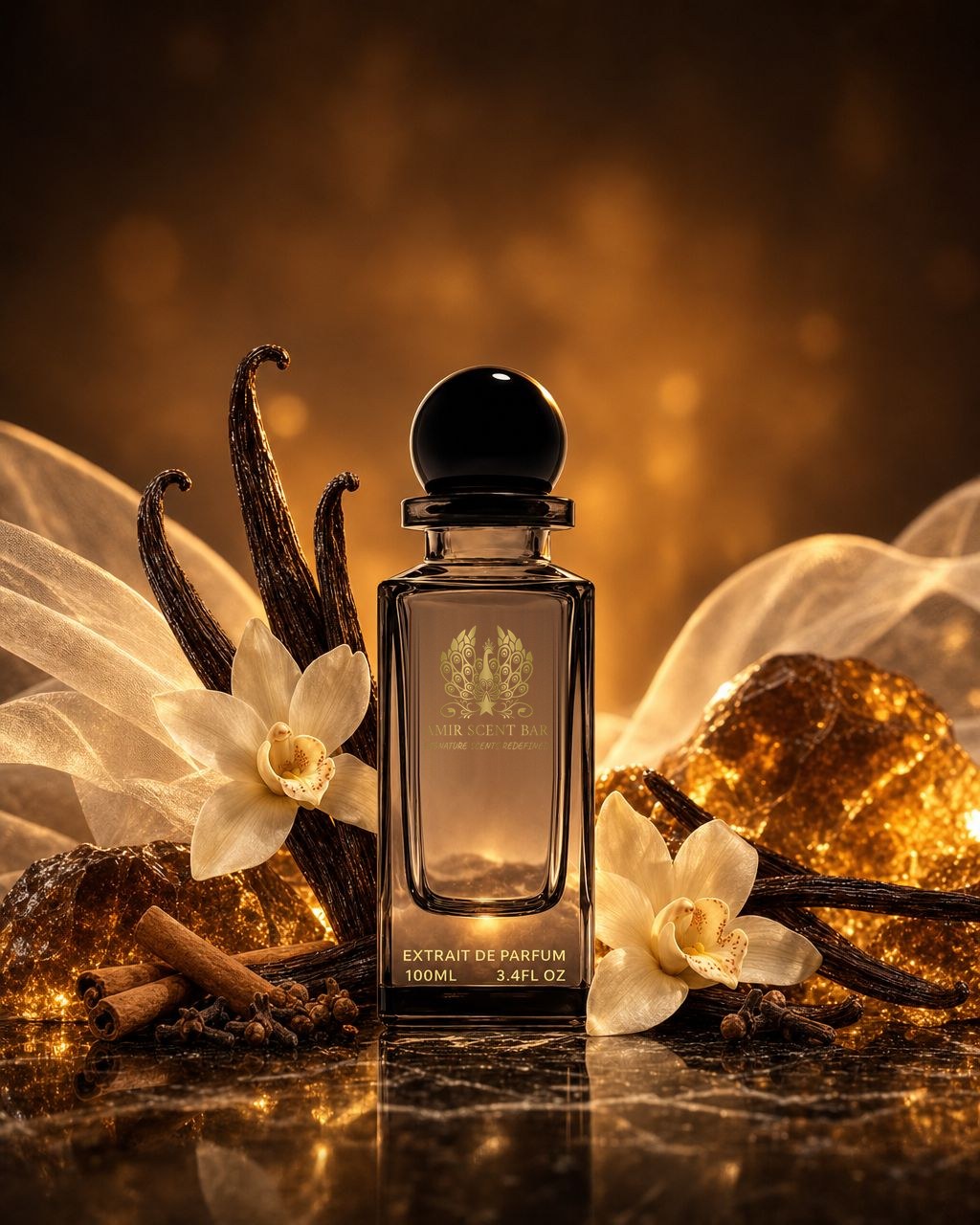 Vanille Planifolia Extrait 21 bottle with vanilla pods, vanilla orchids and amber resin